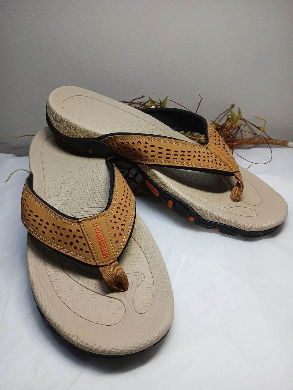 Hobibear Men's Beige/Tan Perforated Flip Flops - Comfort Trail Sandals